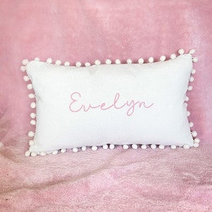 Personalized Baby Pillow Cover: Embroidered Name, Pom Trim Nursery Decor