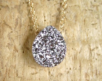 Silver Titanium Druzy Necklace: 14K Gold Filled Chain