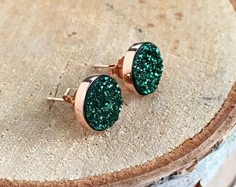Druzy Earrings, Druzy Stud Earrings, Post Earrings, Druzy Jewelry, Rose Gold Earrings, Emerald Green Earrings