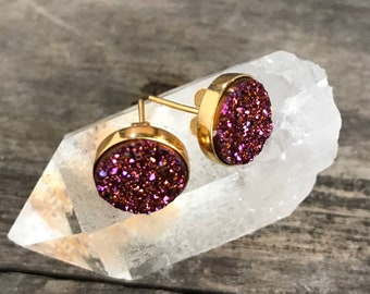 Druzy Earrings, Druzy Stud Earrings, Plum Druzy, Plum Studs, Druzy Quartz Jewelry, Rose Gold Earrings, Gold Earrings, Amethyst