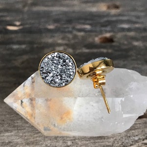 Silver Druzy Quartz Stud Earrings: 18K Gold or Rhodium Plated