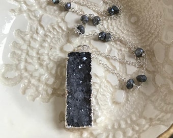 Druzy Labradorite Sterling Silver Bar Necklace, 16-18"