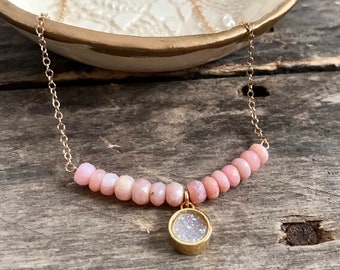 Druzy Necklace, Pink Peruvian Opal Necklace, Gemstone Bar, Minimal Layering Necklace 14K Gold Fill