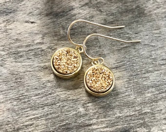 Pendientes colgantes de drusa dorada, rellenos de oro de 14k, joyería con piedras preciosas