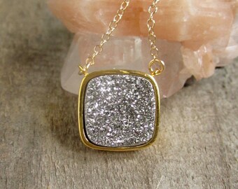 Silver Druzy Necklace, Drusy Necklace, Druzy Quartz Jewelry, Gemstone Necklace, Layered Necklace, Raw Stone Necklace
