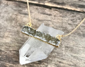 Druzy Necklace, Drusy Necklace, Druzy Bar Necklace, Druzy Quartz Jewelry, Drusy Necklace, Layering Necklace, Gold Necklace