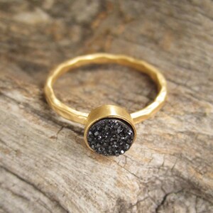 Tiny Black Druzy Ring, Gold Gemstone Ring image 2