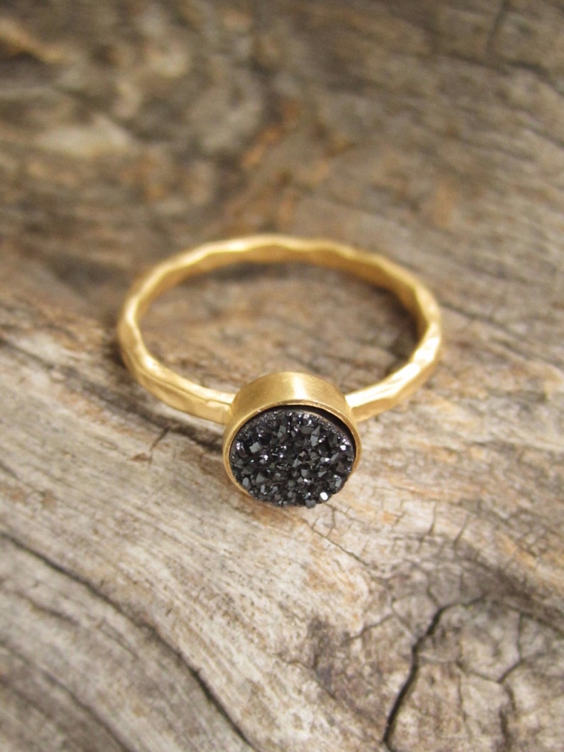 Tiny Black Druzy Ring, Gold Gemstone Ring image 2