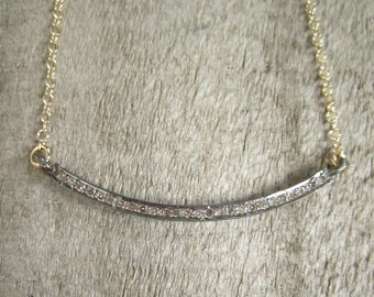 Pave Diamond Crescent Necklace: Oxidized Sterling Silver & Gold Fill