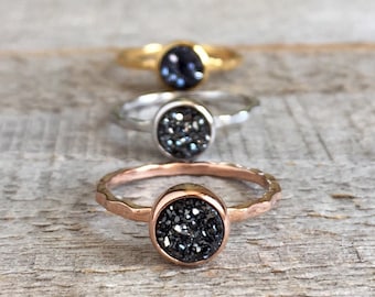 Black Druzy Ring: Rose Gold Vermeil Hammered Band, Petite Sparkly Quartz