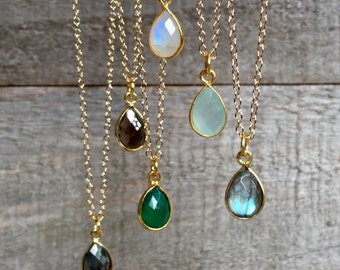 Tiny Gemstone Necklace, Moonstone Necklace, Labradorite Necklace, Sea Green Chalcedony Necklace, Quartz Jewelry, Bezel Set Necklace