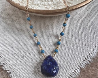 Blue Lapis + Turquoise Necklace, Gemstone Necklace in 14K Gold Fill