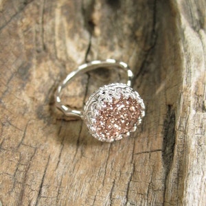 Rose Gold Druzy Ring, Titanium Drusy Quartz Ring, Sterling Silver Crown Setting