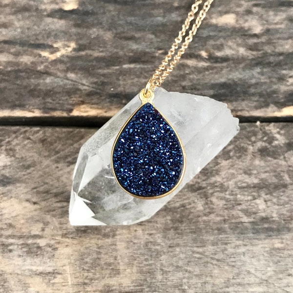 Blue Druzy Necklace Titanium Drusy Quartz 14K Gold Fill Chain