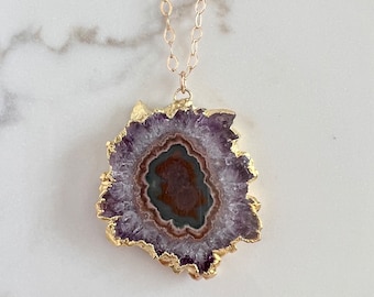 Agate Stalactite Slice Necklace in 14K Gold Fill, Large Raw Stone Pendant