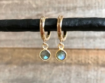 Tiny Labradorite Gold Hoop Huggie Earrings in 14K Gold Fill