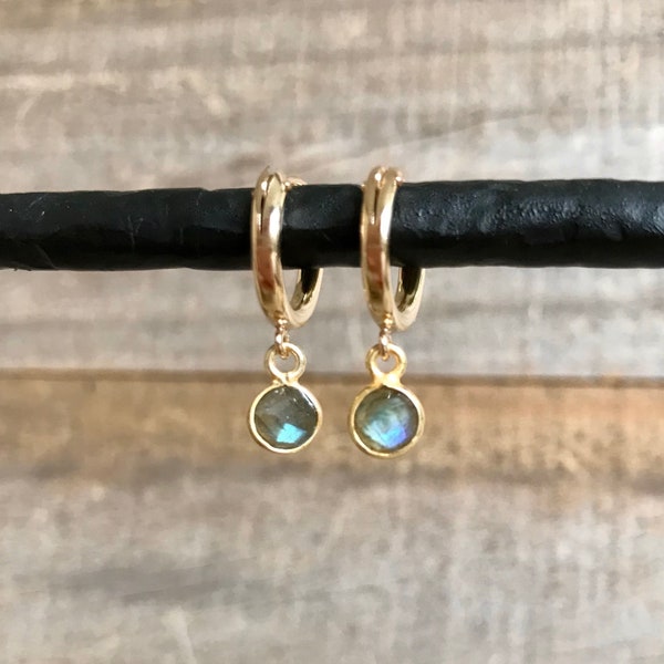 Tiny Labradorite Gold Hoop Huggie Earrings in 14K Gold Fill