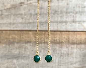 Emerald Green Threader Earrings, Tiny Gemstone Threader Earrings, 14K Gold Fill Ear Threads, May Birthstone Jewelry