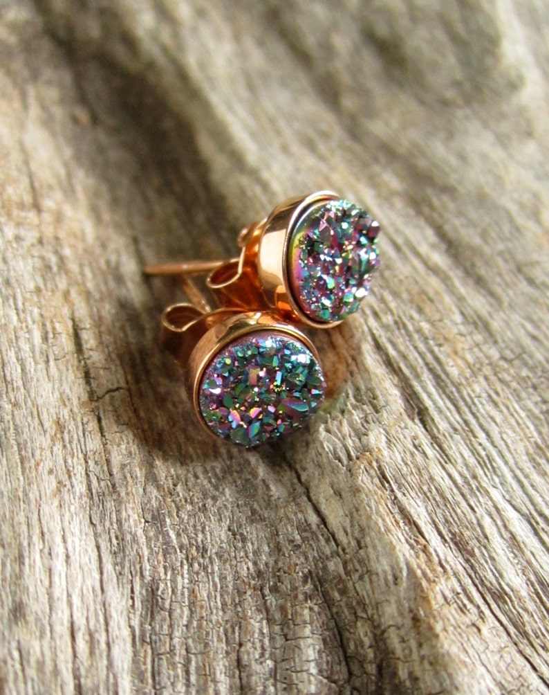 Druzy Earrings, Druzy Earrings Studs, Rainbow Peacock Druzy, Rose Gold Druzy Earrings, Drusy Earrings, Bridesmaid Earrings, Bridesmaid Gift image 2