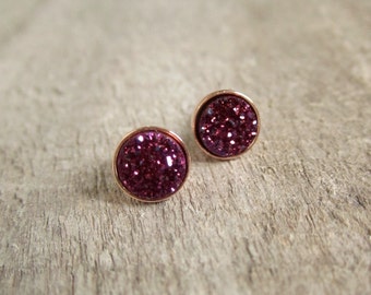 Tiny Druzy Earrings Plum Druzy Studs Titanium Drusy Quartz Rose Gold Vermeil Bezel Set