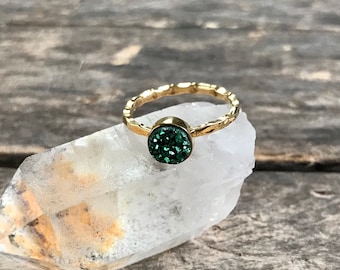 Emerald Green Druzy Ring, Celestial Jewelry, Tiny Titanium Druzy Quartz, Gold Ring, Silver Ring