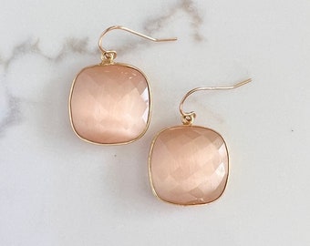 Peach Moonstone Dangle Earrings, Gemstone Earrings, 14K Gold Fill Earrings