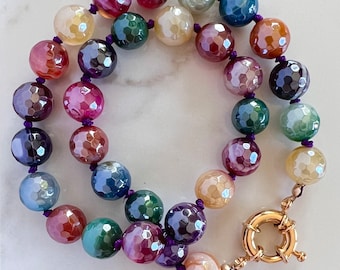 Hand Knotted Rainbow Gemstone Necklace, Choker Necklace, 14K Gold Fill Mariner Sailor’s Clasp