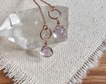 Pink Amethyst + Rose Gold Threader Earrings, Tiny Gemstone Threader Earrings, Rose Gold Threaders