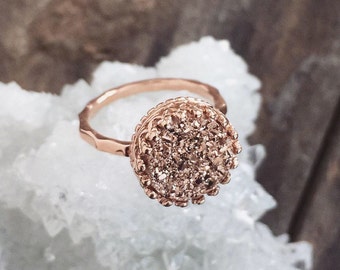 Rose Gold Druzy Ring, Titanium Drusy Quartz Ring, 18K Rose Gold Vermeil Crown Setting