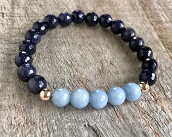 Blue Goldstone + Angelite Bracelet, Stretch Bracelet, Beaded Stretch Bracelets, Stacking Bracelets, Healing Bracelets