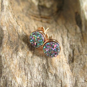 Druzy Earrings, Druzy Earrings Studs, Rainbow Peacock Druzy, Rose Gold Druzy Earrings, Drusy Earrings, Bridesmaid Earrings, Bridesmaid Gift image 1