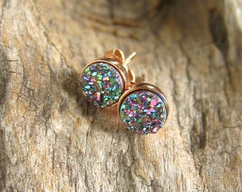 Druzy Earrings, Druzy Earrings Studs, Rainbow Peacock Druzy, Rose Gold Druzy Earrings, Drusy Earrings, Bridesmaid Earrings, Bridesmaid Gift