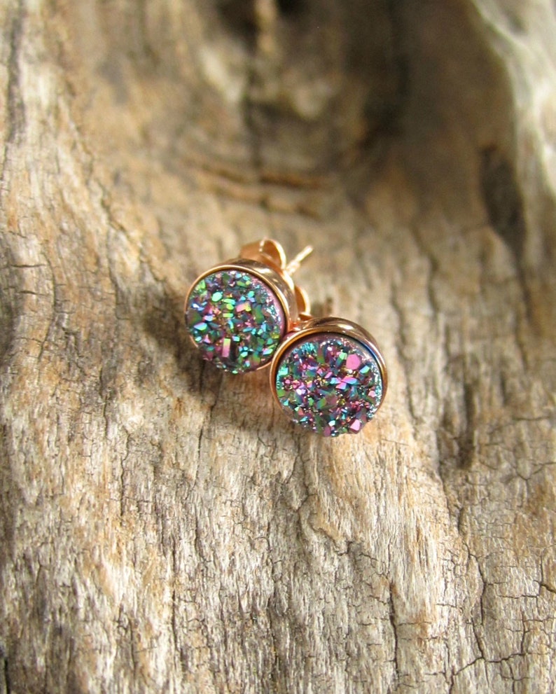 Druzy Earrings, Druzy Earrings Studs, Rainbow Peacock Druzy, Rose Gold Druzy Earrings, Drusy Earrings, Bridesmaid Earrings, Bridesmaid Gift image 1