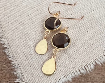 Smokey Quartz Earrings, Gold Gemstone Earrings