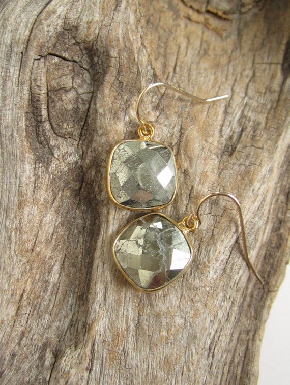Items similar to Pyrite Drop Earrings Gold Vermeil Bezel Set Squares on ...