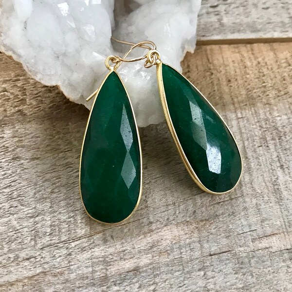 Genuine Emerald Earrings Large Rough Cut Drop Earrings 18K Gold Vermeil Bezel Set