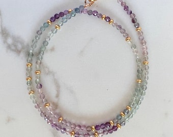 Purple Fluorite Beaded Necklace, Beaded Gemstone Choker Necklace, 14K Gold Fill Necklace