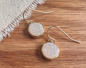 White Druzy Earrings, Gold Drop Dangle Earrings