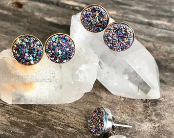 Druzy Earrings, Druzy Stud Earrings, Peacock Druzy, Rainbow Studs, Druzy Quartz Jewelry, Rose Gold Earrings, Gold Earrings, Silver Earrings