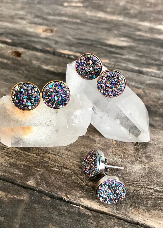 Druzy Earrings, Druzy Stud Earrings, Peacock Druzy, Rainbow Studs, Druzy  Quartz Jewelry, Rose Gold Earrings, Gold Earrings, Silver Earrings 