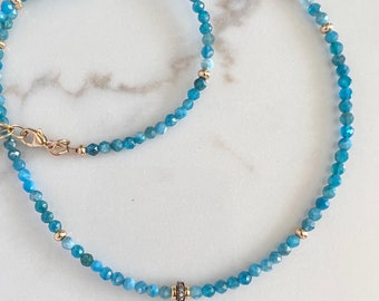 Blue Apatite Beaded Gemstone Necklace, Pave Diamond Nexklace, Gold Necklace