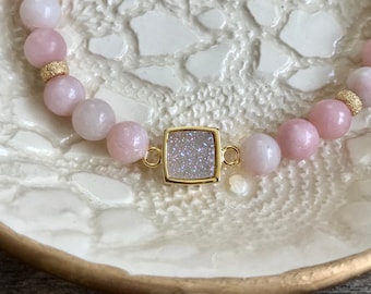 Druzy + Pink Opal Bracelet, Stone Bracelet, Beaded Stretch Bracelet, Healing Bracelet