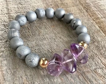 Druzy Bracelet, Geode Bracelet, Amethyst Bracelet, Beaded Bracelet, Stretch Bracelet, Power Bead Bracelet, February Birthstone Bracelet