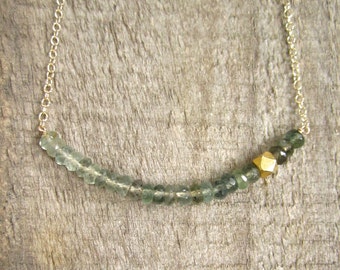 Moss Aquamarine Necklace, Gemstone Bar, Layering Necklace 14K Gold Fill