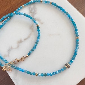 Blue Apatite Beaded Gemstone Necklace, Pave Diamond Nexklace, Gold Necklace