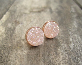 Natural Rose Gold Druzy Stud Earrings | Agate Druzy Quartz Jewelry | Small Round Raw Crystal Stud Earrings