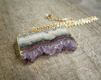 Amethyst Druzy Stalactite Necklace: 14K Gold Fill Geode Slice