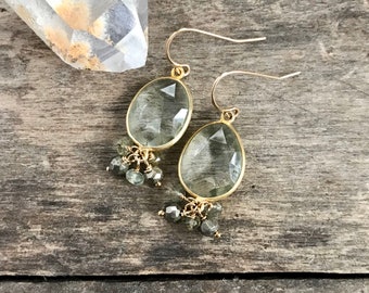 Green Amethyst Earrings, Gemstone Cluster Earrings, Gold Pyrite Earrings