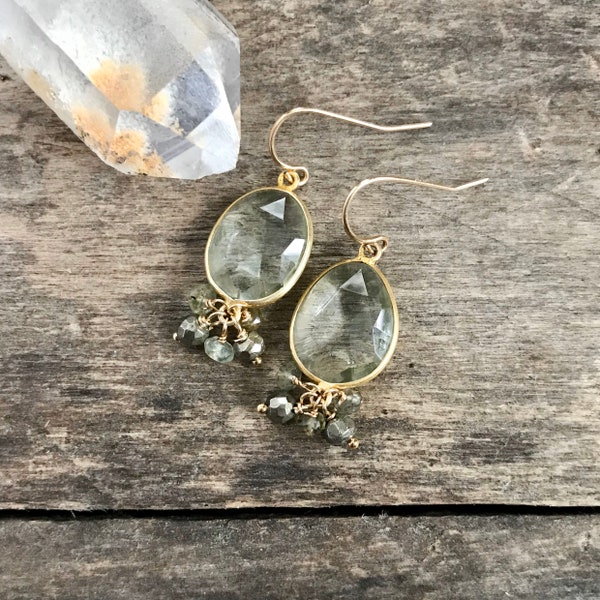 Green Amethyst Earrings, Gemstone Cluster Earrings, Gold Pyrite Earrings