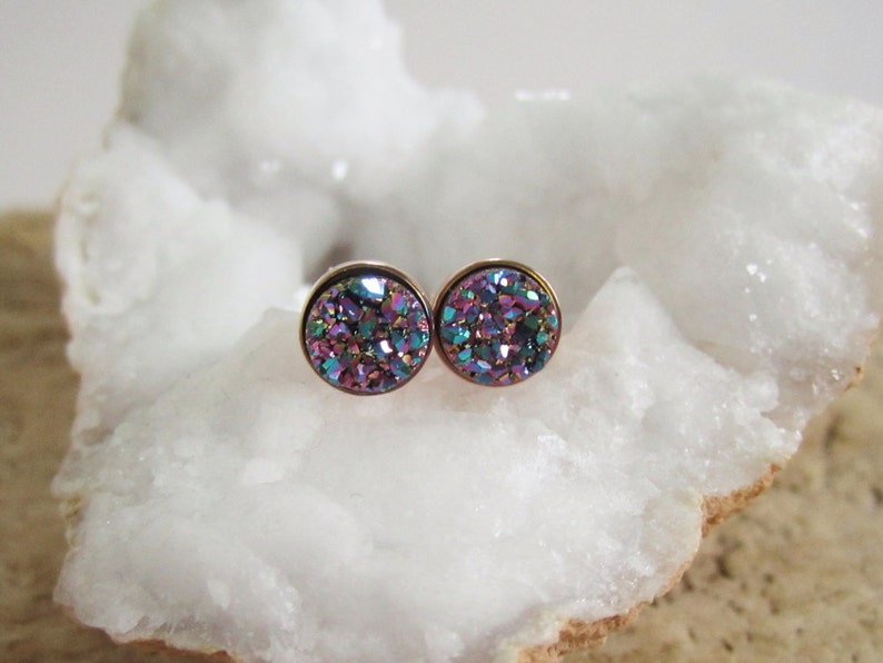 Druzy Earrings, Druzy Earrings Studs, Rainbow Peacock Druzy, Rose Gold Druzy Earrings, Drusy Earrings, Bridesmaid Earrings, Bridesmaid Gift image 4